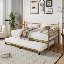 Twin Size Daybed Frame with Pull-Out Trundle, Modern Sofa Bed Steel Slat Support