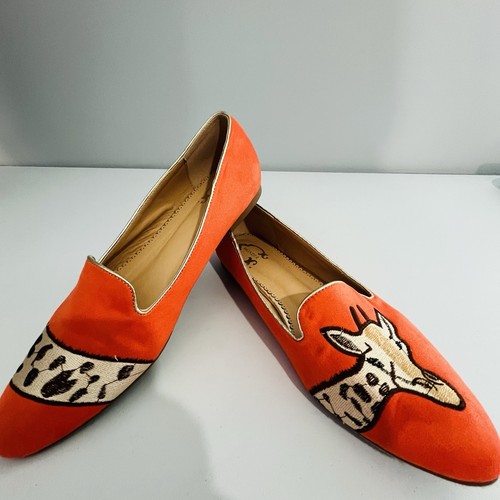 C Wonder Womens Hot Coral Suede Giraffe Embroidered Slipper Shoe 9 Eclectic Fun