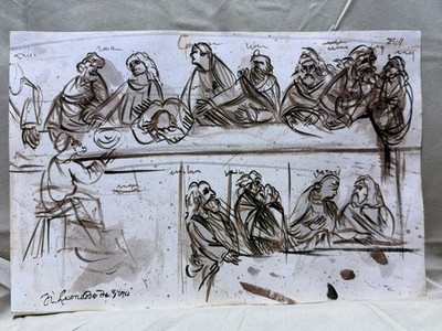 LEONARDO DA VINCI  drawing and painting on old paper signed stamped vintage