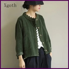 Women Corduroy Blouse Shirt Coat Jacket Top Lace Button Loose Casual Outwear New