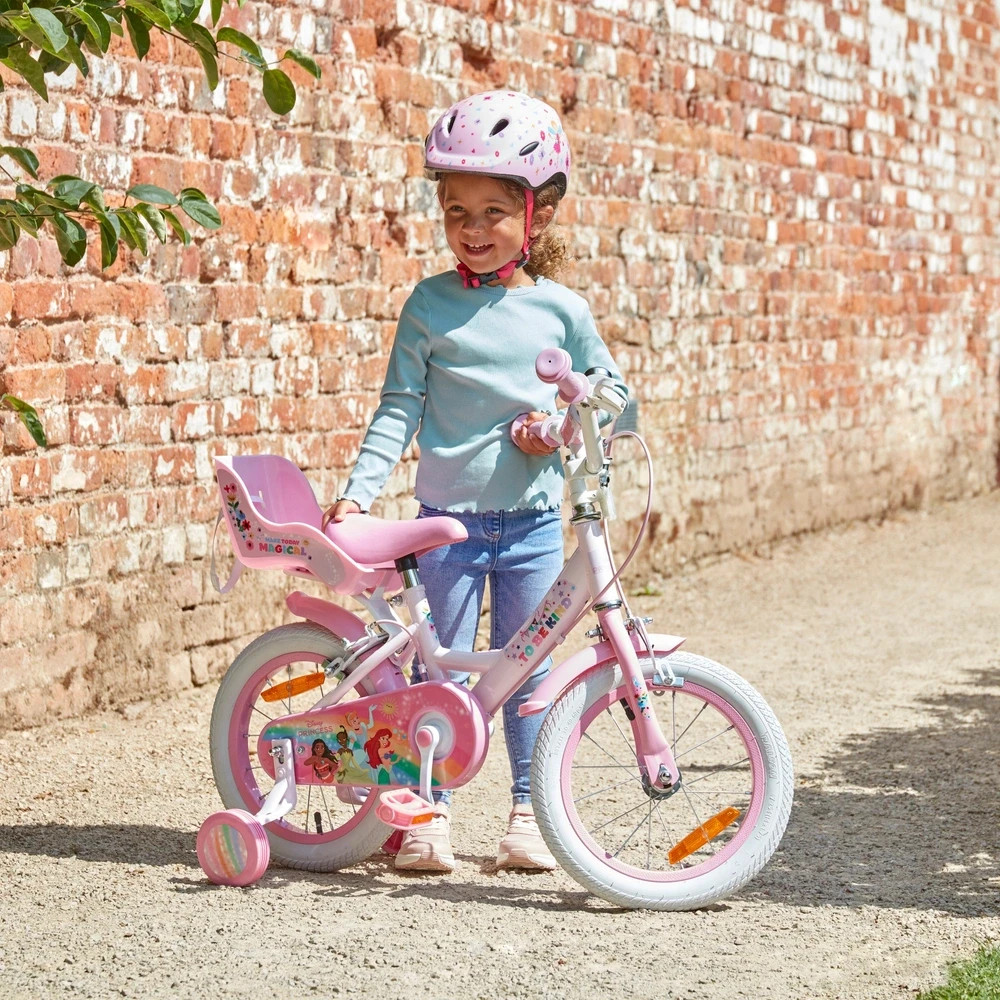 barbie princess 20 bike with helmet 14 Inch Disney Princess Kids Bike with Stabilisers & Doll Carrier Seat  [Pink]