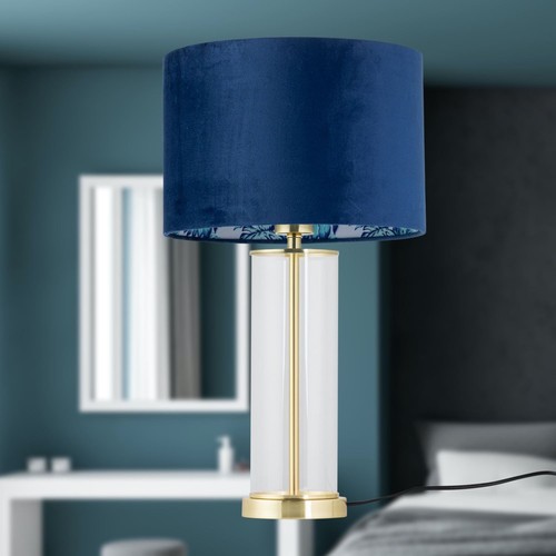 Set of 2 Modern Satin Brass Bedside Lamps Table Lights Navy Velvet Parrot Shades - Picture 7 of 9