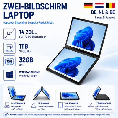Dual-Screen-Laptop 14''+14'' 32GB RAM 1TB SSD Win 11 Touchscreen 360° Drehgelenk