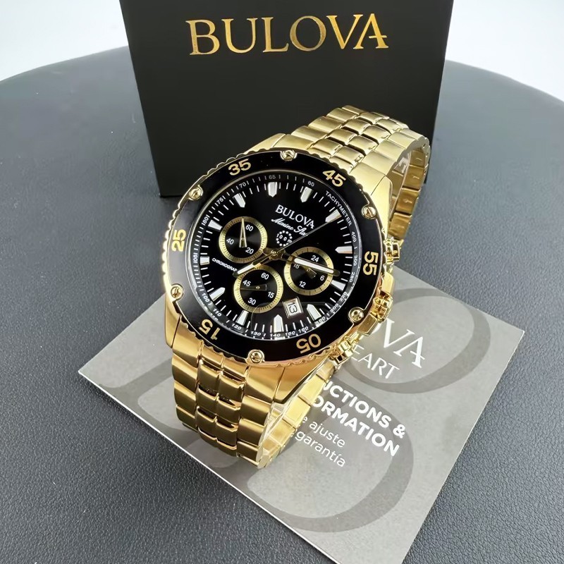 Bulova クォーツ腕時計 黒/金 Men Bulova Marine Star Black/Gold Dial Chronograph 98B406 Quartz