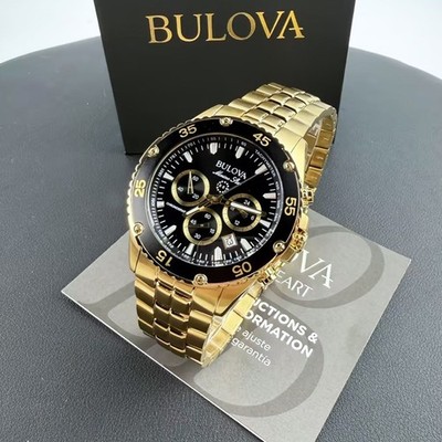 Men Bulova Marine Star Black/Gold Dial Chronograph 98B406 Quartz Watch 41.5mm