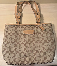 Coach Brown Tan Canvas Signature Zipped Tote