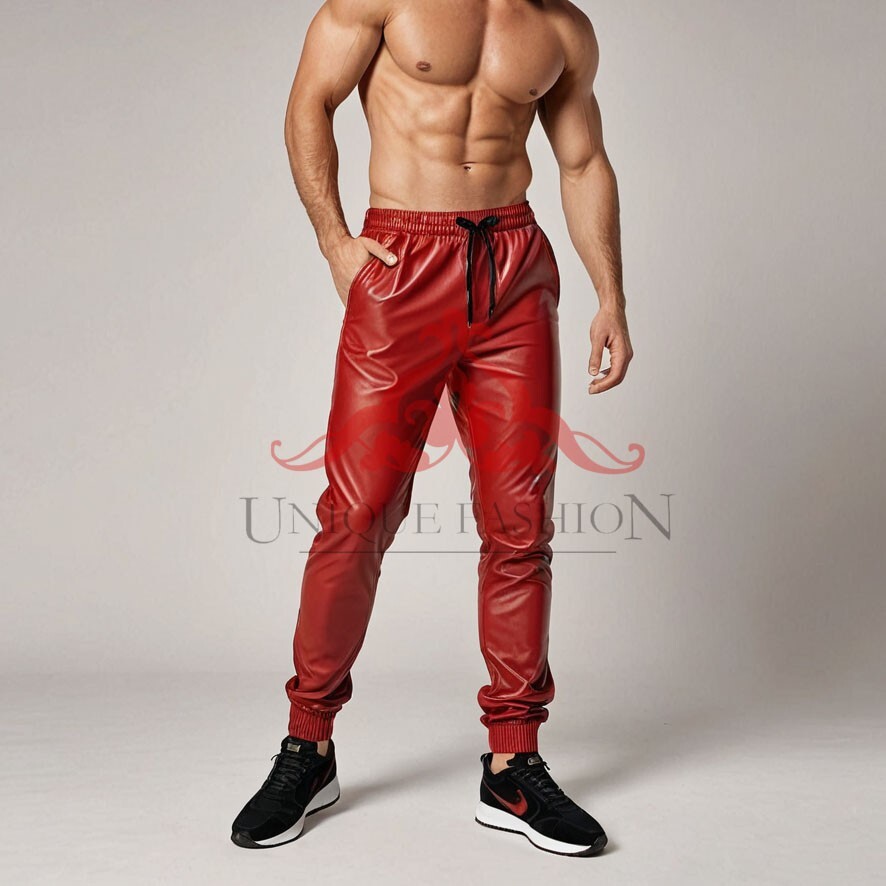Men's Soft Genuine Leather Red TrackSuit Trouser Jogging Road Walking Trousers