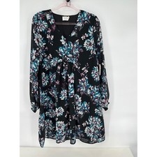 Time and Tru Floral Print Peasant Dress Long Sleeve V Neck Black L NWT