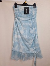 PrettyLittleThing Blue Tie Dye Mesh Ruched Frill Edge Bandeau Bodycon Dress 10uk
