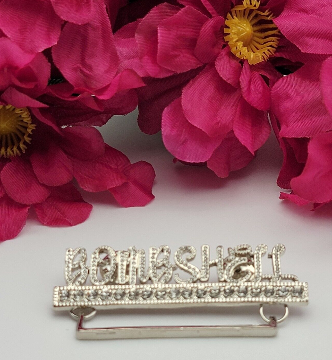 Spell Out BOMBSHELL Rhinestone Brooch Silver Tone… - image 1