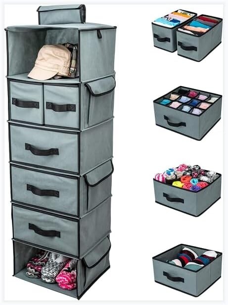 6 Hanging Shelves for Closet with 4 Removable Drawers & Side Pockets 33x31x108CM-image