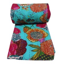 Floral Print Kantha Quilt Indian Decor Ethnic Blanket Cotton Bedspread Quilt