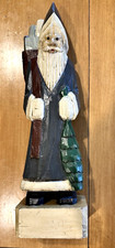 Hand Carved Wood Santa Claus Figurine Folk Art 12.5 Gray Suit Sack Gifts