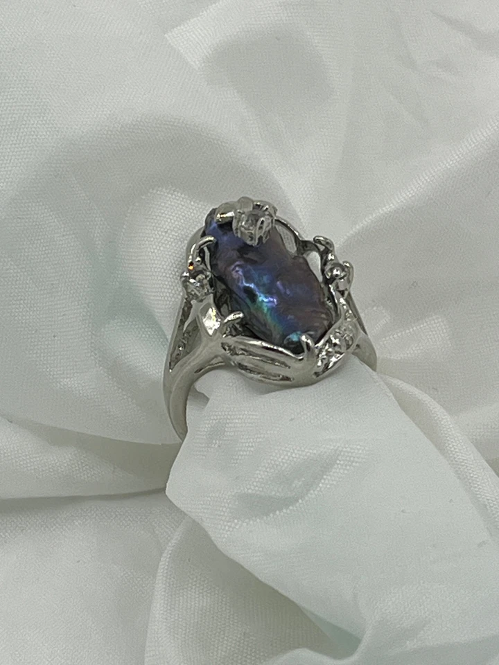 Anillo enchapado en oro blanco concha de abulón natural y perlas negras talla 7 Foto 1 de 1