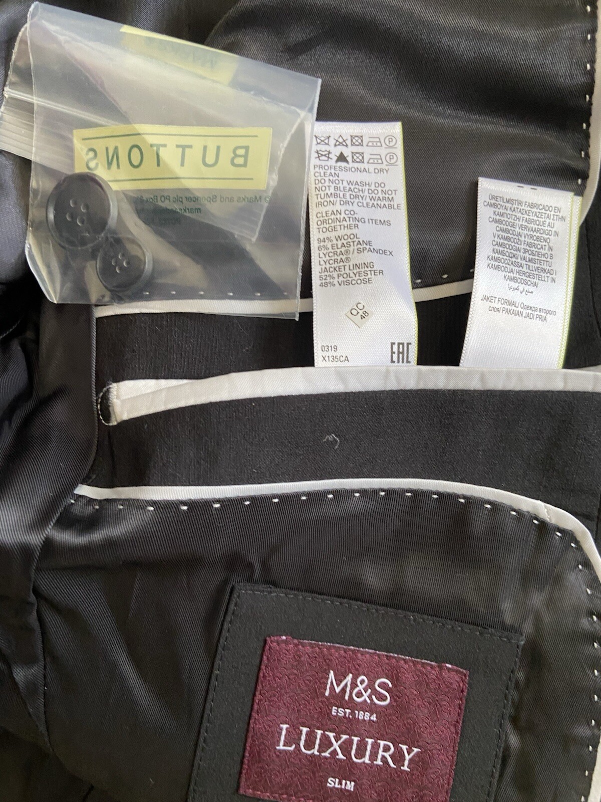 M&S Wool Rich Tailored Jacket, Black Chest 40" Long, RRP £75 image 8