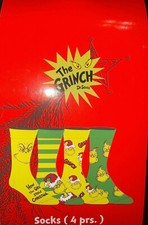 New 2024 Bioworld Lot Of 4 pairs The Grinch Dr Suess novelty crew socks sz 8-12