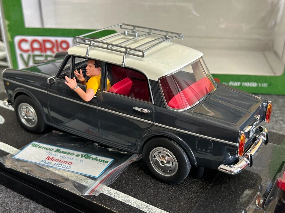 Hot 1/18 Fiat 1100D 1981 movie version with doll Mimmo car model black and white - Image 2 of 4