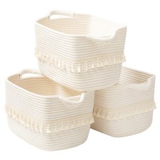 TeoKJ White Cotton Rope Baskets for Storage, Set of 3 Woven Clothes Basket fo...