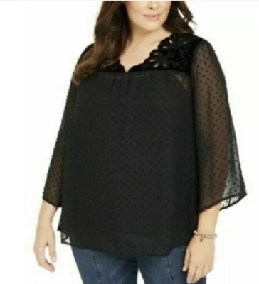 Style & Co Top Women's Size 1X Black Pullover Blouse Velvet Swiss Dot 3/4 Sleeve