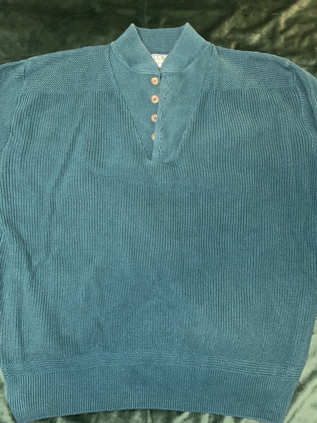 Vintage LLBean Mens XL Henley Sweater Button Teal Gre… Gem