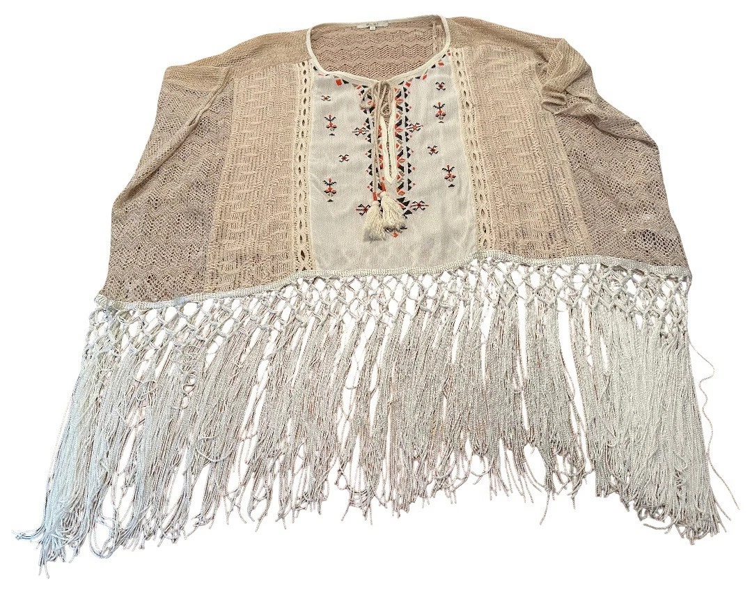 Miss Me Lace Poncho Lightweight Long Crochet Fringe Boho Hippie Size L