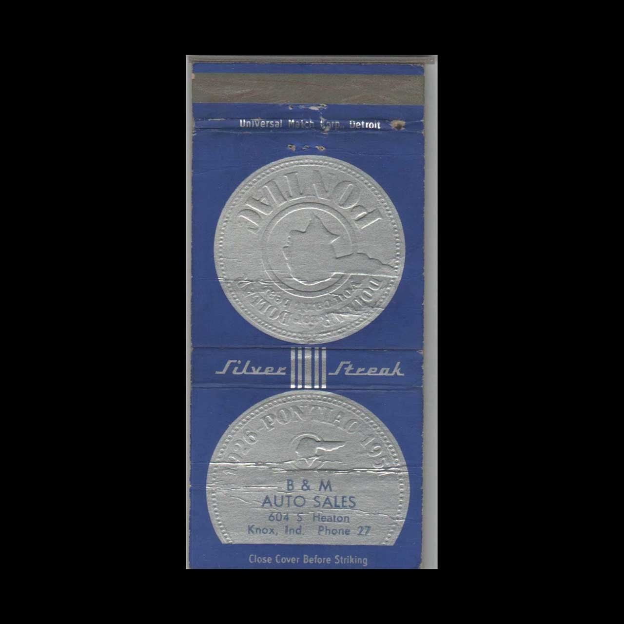 Matchbook Cover - 1951 Pontiac Dealer - B&M Auto Sales Knox, IN