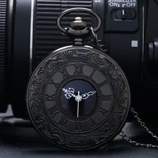 Steampunk Vintage Black Unisex Quartz Pocket Watch Roman Number Chain Pendant