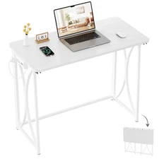 Foldable Desk, 31.5" Small Desk for Bedroom with Power Outlet, Space Saving Fold