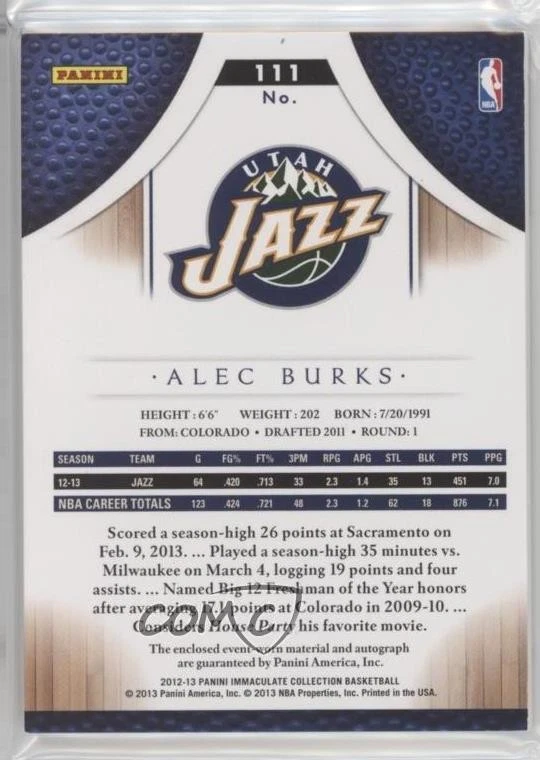 2012-13 Panini Immaculate /99 Alec Burks #111 RPA Rookie Patch Auto RC - Image 2 of 2