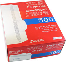 Top Flight PSTF10NWT #10 Envelopes, Strip & Seal, Security Tinted, White Paper, 