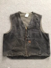 Carhartt Vest Mens 2XL Black Sherpa Lined Duck Canvas Full Zip V26 Distressed