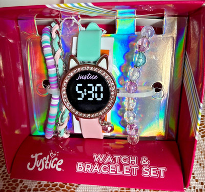 Justice Girl's LED Silicone Cat Ear Watch and Matching Bracelet 4 Piece Set