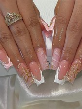 24Pcs Elegant 3D Floral French Nail Stickers with Gold Edges & Pearls Set