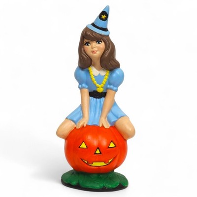 Vtg Atlantic Mold Ceramic Halloween Girl on Pumpkin Jack O Lantern Wizard Hat 8''