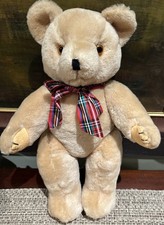 Vintage Jointed Plush Teddy Bear Tan With Red Bow Posable Stuffed Animal 17