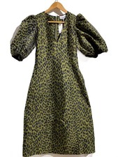 GANNI Short Sleeve Dress, Size 32, Polyester, Green, Leopard Print, 6107