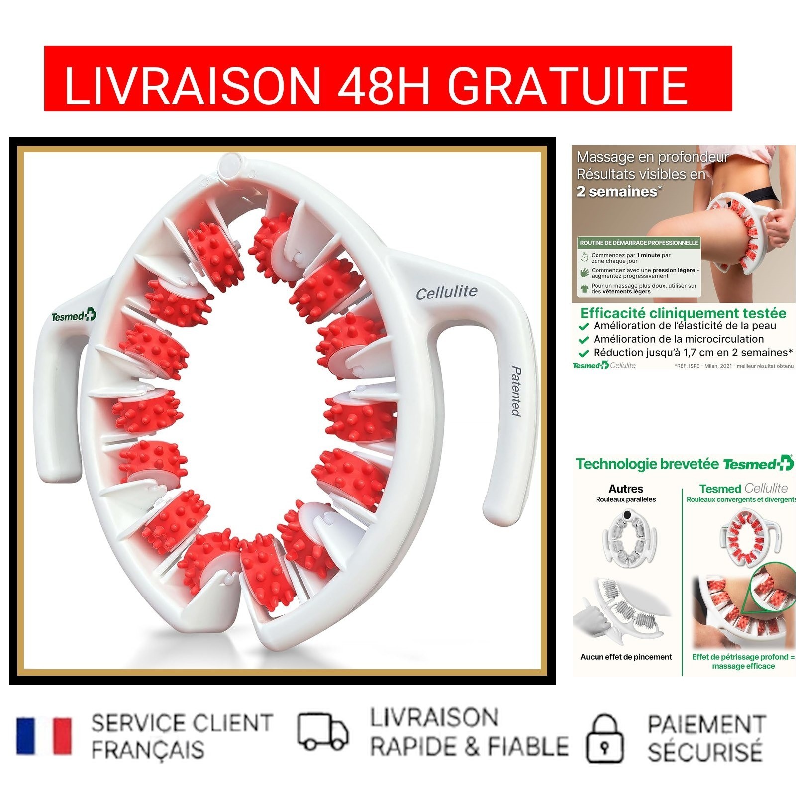 Appareil massage corps TESMED à rouleaux convergents pour drainer et lisser la peau
