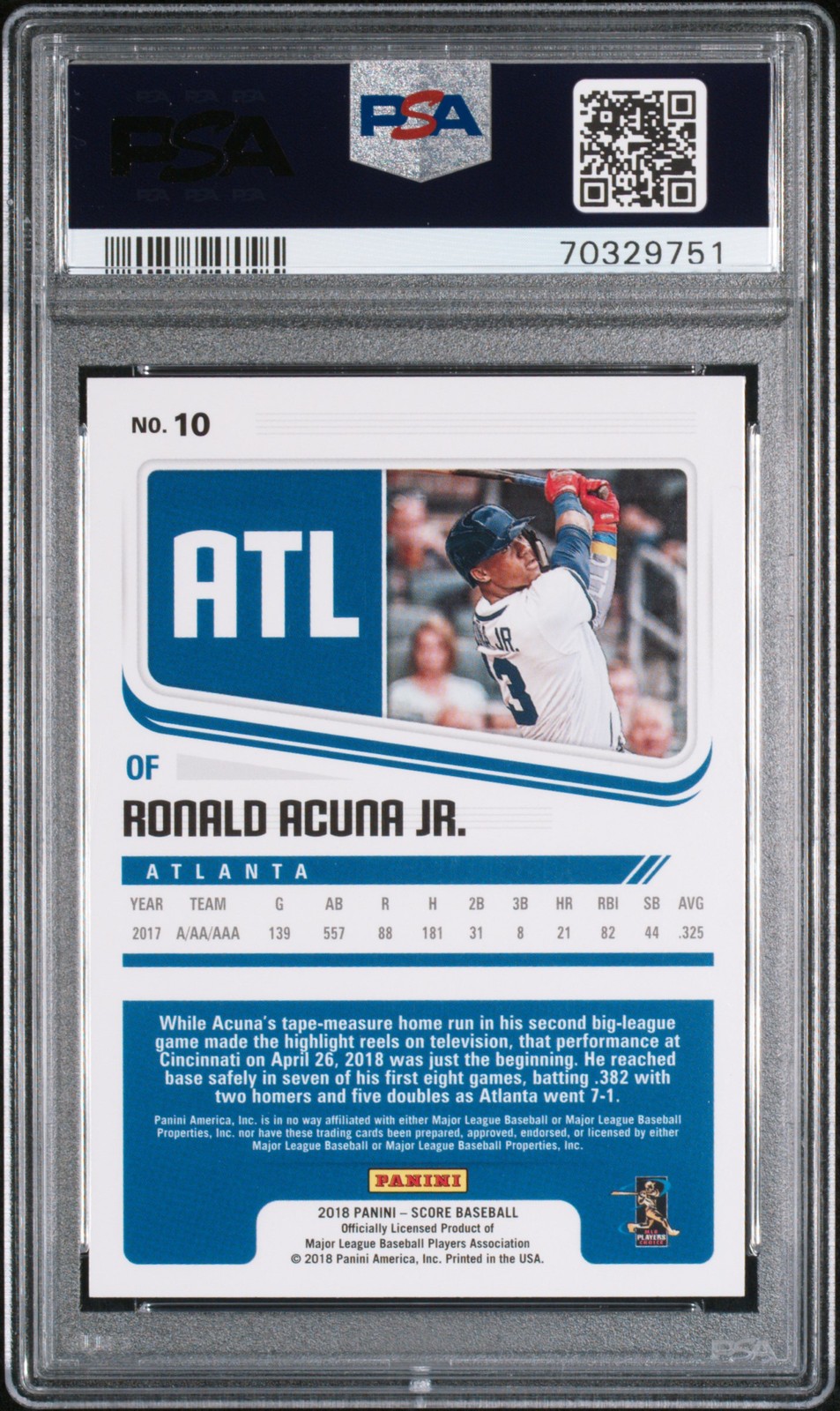 PSA 10 2018 Panini Chronicles Score #10 Ronald Acuna Jr. Atlanta Braves RC view 2