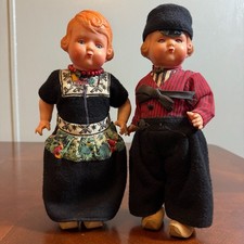 Vintage Celluloid Dolls Pair Dutch German Folk Costume Wood Shoes