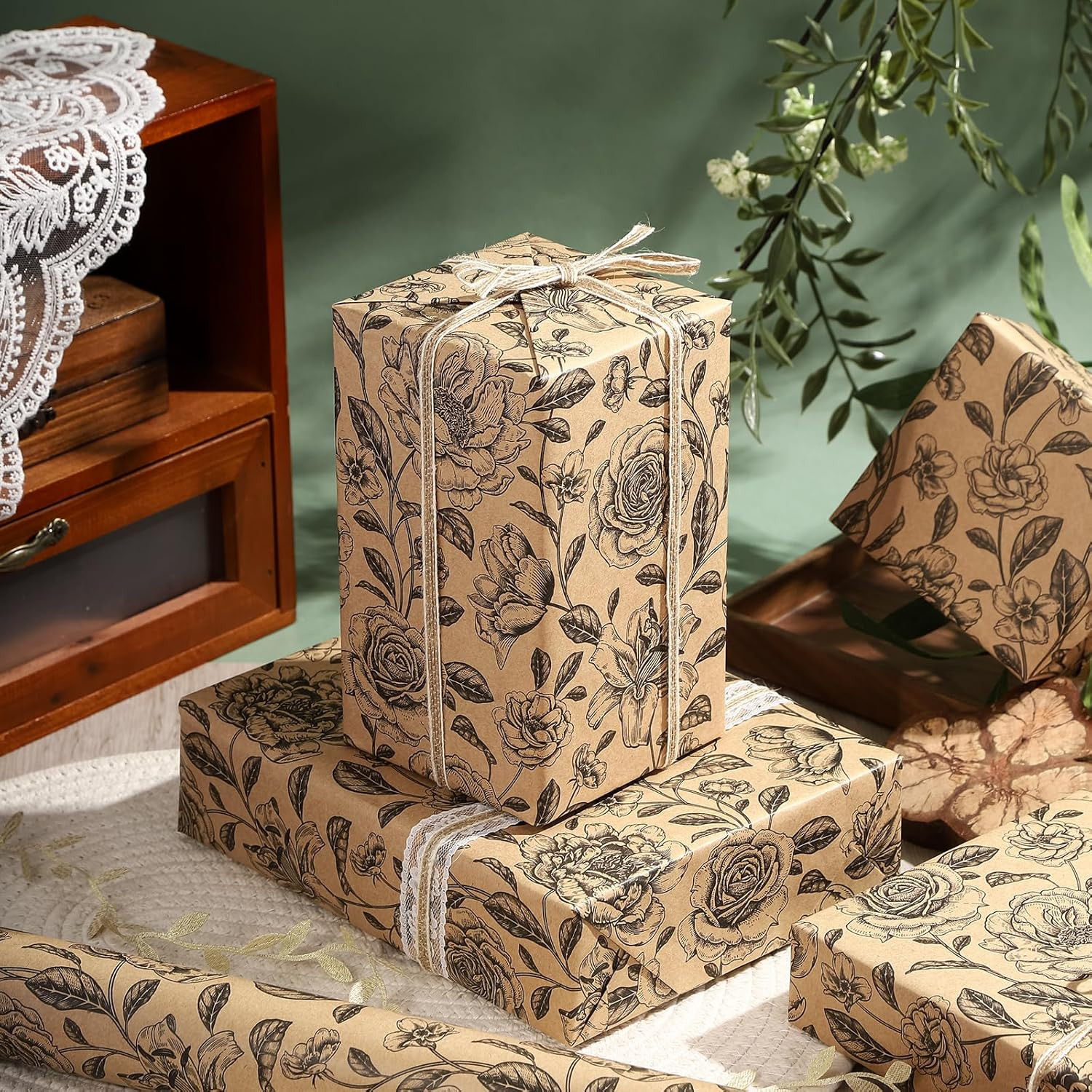 Kraft Floral Wrapping Paper Roll - Mini Roll - 17 Inch x 33 Feet - Vintage Black