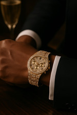 Luxury Gold Plated Men's Quartz Watch with Triple Dial and Rhinestone Accents