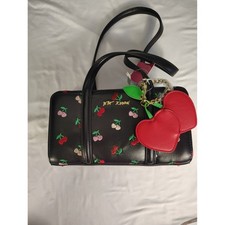 Betsey Johnson Black Cherry Embroidered Satchel Shoulder Bag Heart Charm New