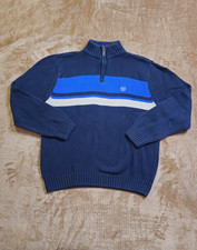 VTG CHAPS MENS XL SWEATER PULLOVER Navy W/White STRIPES LOGO 1/4 ZIP 100 COTTON