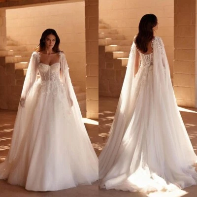 Boho Brautkleid Hochzeitskleid A-Linie Spitze Aufkleber Weiß Ivory 38 40 42 44 - Bild 1 von 4
