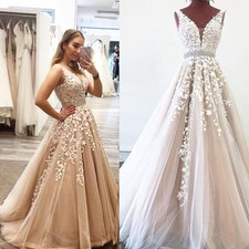Champagne A Line Wedding Dresses V Neck Tulle Bridal Dress with Lace Appliques