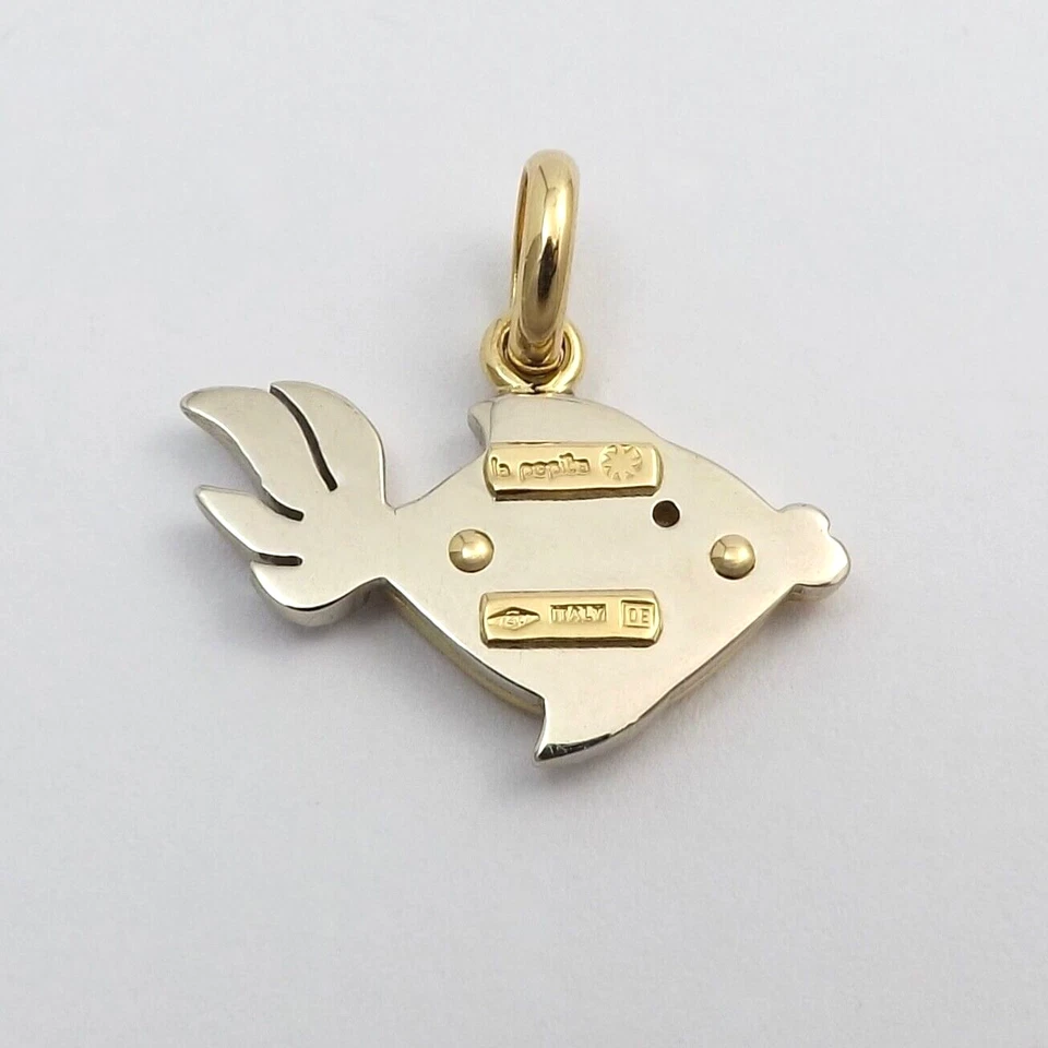 La Pepita Solid 18k Gold Betta Fish Charm Pendant Diamond Eye Two Tone Italy New - Изображение 2 из 4
