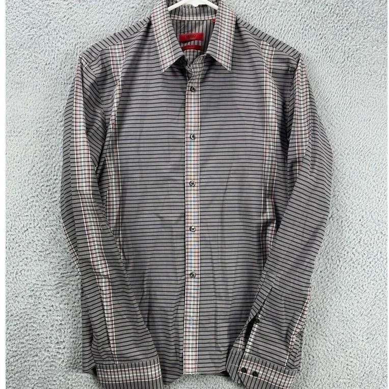Boss Hugo Boss Shirt Mens Large Grey Pinstripe Slim Fit Button Up Long Sleeve - Image 3 of 4