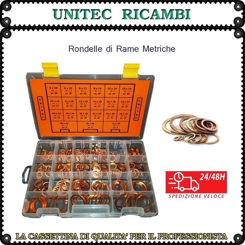UNITEC Rondella rame scatola misure metriche cassetta assortimento da 360 pz