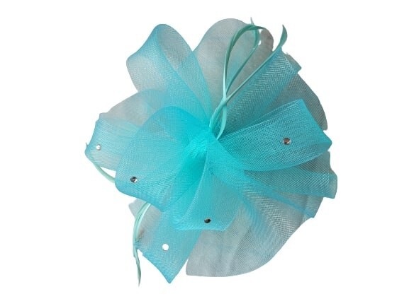 NEW Aqua Blue Looped Net Feather Crystal Gem Clip Fascinator Wedding Races Prom