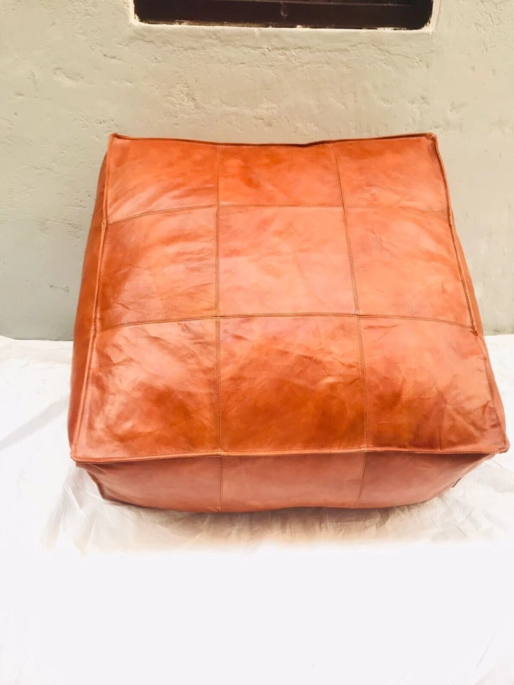New Handmade Square Vintage Natural Unstuffed 30'' Pouffe Moroccan Leather - Image 2 of 4